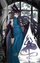 Rule 34 | 1girl, black coat, black gloves, black hair, black hat, blue dress, blue eyes, character name, coat, dress, feet out of frame, gloves, hair between eyes, hand up, hat, highres, indoors, long dress, long hair, long sleeves, looking to the side, partially fingerless gloves, reverse:1999, silhouette, single glove, solo, very long hair, willow (reverse:1999), window, witch hat, zzzzzz