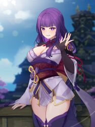 1girl 3d_background :d absurdres arm_support armor black_thighhighs blunt_bangs blurry braid breasts bridal_gauntlets cleavage commentary depth_of_field genshin_impact hair_ornament highres himari_(himari_ttc) japanese_clothes kimono large_breasts long_hair long_sleeves looking_at_viewer low_ponytail mitsudomoe_(shape) obi on_fence open_mouth parted_lips ponytail purple_eyes purple_hair raiden_shogun sash short_kimono shoulder_armor sidelocks single_braid smile solo thighhighs tomoe_(symbol) wide_sleeves