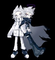 2boys ac_warlock animal_ears aotsuki_eito black_background black_boots black_cape black_jacket black_pants boots cape cat_boy cat_ears closed_mouth dual_persona eyeshadow full_body gakuran glasses gloves grey_hair hair_slicked_back halo highres jacket last_defense_academy_school_uniform locked_arms long_sleeves looking_at_viewer makeup male_focus multiple_boys pants purple_eyes purple_halo red_eyeshadow school_uniform shoes simple_background sleeves_past_wrists spoilers the_hundred_line_-last_defense_academy- torn_cape torn_clothes tsurime white_gloves white_jacket white_pants white_shoes zipper_pull_tab