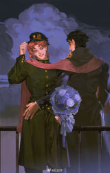 black_coat black_hair black_hat cloud cloudy_sky coat elna flower hat highres jojo_no_kimyou_na_bouken kuujou_joutarou purple_eyes red_hair sky smile