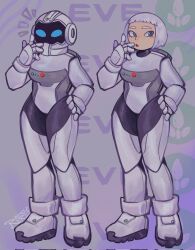 1girl 2024 blue_eyes boots commentary corrupted_twitter_file eve_(wall-e) hand_on_own_hip helmet highres personification red_lips rerensai11 short_hair signature spacesuit wall-e white_hair