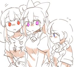 3girls blue_eyes blush blush_stickers bow braid breasts chibi clothes_writing collared_shirt elu_(1st_costume)_(nijisanji) elu_(nijisanji) fairy_wings flying_sweatdrops hair_over_shoulder higuchi_kaede higuchi_kaede_(3rd_costume) i_heart... long_hair low_twintails medium_breasts monochrome multiple_girls nijisanji nose_blush profile purple_eyes rebecca_(keinelove) red_eyes school_uniform shirt short_sleeves simple_background spot_color sweater_vest tsukino_mito tsukino_mito_(summer_uniform) twin_braids twintails very_long_hair virtual_youtuber white_background wings