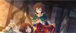 Rule 34 | 1boy, 1girl, bedroom, belt, belt buckle, brick wall, brown belt, brown hair, buckle, cape, closed eyes, collarbone, covering with blanket, dress, game cg, green cape, green eyes, hair between eyes, head on pillow, highres, indoors, kono subarashii sekai ni shukufuku wo!, konosuba! fantastic days, light rays, long sleeves, looking at another, lying, megumin, off-shoulder dress, off shoulder, official art, on side, open mouth, parted lips, pillow, red dress, satou kazuma, shirt, short dress, short hair, short hair with long locks, sleeping, sunbeam, sunlight, white shirt