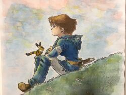 1girl absurdres animal_on_leg belt blue_dress boots brown_boots brown_hair closed_mouth commentary_request crossed_arms dress earrings elbow_rest from_side full_body geki_carp highres hill hooded_dress jewelry kaze_no_tani_no_nausicaa knees_up nausicaa on_grass outdoors pants profile scabbard sheath shin_guards short_hair sitting sky traditional_media white_pants