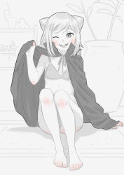 1girl animal barefoot bird blush bra cape chest_of_drawers demi-chan_wa_kataritai double_bun duck fangs flat_chest hair_bun highres idfer loli looking_at_viewer monochrome one_eye_closed open_mouth panties plant potted_plant short_hair sitting smile takanashi_hikari teeth underwear vampire wink