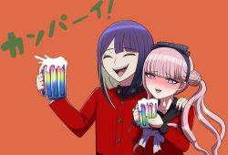 1boy 1girl blush brother_and_sister collarbone drink eyelashes highres holding holding_drink japanese_text long_hair open_mouth orange_background pink_eyes pink_hair purple_hair siblings simple_background standing sweat sweatdrop teeth the_hundred_line_-last_defense_academy- tongue translation_request tsukumo_ima tsukumo_kako upper_body