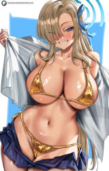 1girl aqua_halo asuna_(blue_archive) bikini blonde_hair blue_archive blue_eyes blue_ribbon blue_skirt blush breasts cameltoe cleavage collarbone commentary english_commentary enma_(enmanuelart) eyes_visible_through_hair gold_bikini grin hair_over_one_eye hair_ribbon halo highres huge_breasts long_hair looking_at_viewer miniskirt navel open_clothes open_shirt patreon_username ribbon shirt sideboob skirt smile solo stomach swimsuit underboob white_shirt