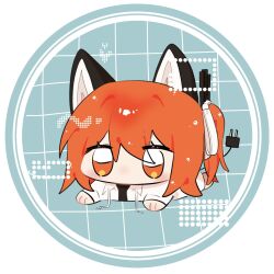 1girl a.i._voice adachi_rei animal_ears cable cable_tail cat_ears chibi chibi_only electric_plug electric_plug_tail highres jacket lying mechanical_tail on_stomach one_side_up open_clothes open_jacket orange_eyes orange_hair solo sorame_(moth_1181) tail utau white_jacket
