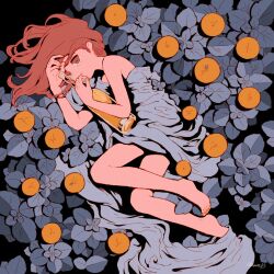 03moonmoonmoon 1girl bare_shoulders barefoot expressionless fingernails food fruit full_body highres juice leaf looking_afar lying medium_hair nail_polish on_side orange_(fruit) orange_eyes orange_hair orange_juice orange_nails original parted_lips solo toenails
