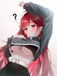 Rule 34 | 1girl, ?, absurdres, agnamore, ahoge, akane lize, arm up, belt, belt buckle, black shorts, blonde hair, blonde streaks, blunt bangs, blush, breasts, buckle, closed mouth, commentary request, cropped jacket, fingernails, from below, grey jacket, hair ornament, highres, jacket, large breasts, long hair, long sleeves, looking at viewer, mole, mole on cheek, multicolored hair, nail polish, red hair, red nails, sharp fingernails, shorts, solo, spoken question mark, stellive, streaked hair, sweat, underboob, virtual youtuber, white belt