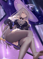 1girl aoi_(buzhuen444) bare_legs bare_shoulders barefoot black_dress breasts censored crossed_legs detached_sleeves dress foot_out_of_frame grey_hair hat heart heart_censor herta_(honkai:_star_rail) highres honkai:_star_rail honkai_(series) long_hair long_sleeves looking_at_viewer purple_eyes pussy_cutout sitting smile solo strapless strapless_dress the_herta_(honkai:_star_rail) thigh_strap thighs very_long_hair witch_hat
