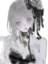 1girl bare_shoulders black_choker black_dress blush bug butterfly choker dress flower grey_eyes grey_hair hair_flower hair_ornament hair_ribbon hand_up highres iggy.m insect jewelry long_hair looking_at_viewer necklace original pale_skin parted_lips ribbon sleeveless sleeveless_dress solo upper_body white_background