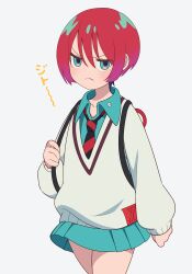 1girl amate_yuzuriha closed_mouth commentary_request frown glaring gundam gundam_gquuuuuux highres ikonaska looking_at_viewer necktie red_hair short_hair simple_background solo standing striped_necktie sweater translation_request v-shaped_eyebrows white_background white_sweater