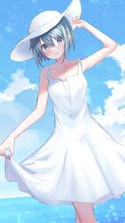 Rule 34 | 1girl, arm up, blue eyes, blue hair, blue sky, cloud, cloudy sky, collarbone, day, dress, hair ornament, hairclip, hat, highres, kashisu, looking at viewer, mahou shoujo madoka magica, mahou shoujo madoka magica (anime), miki sayaka, ocean, outdoors, parted lips, short hair, skirt hold, sky, solo, summer, sun hat, sundress, white dress, white hat
