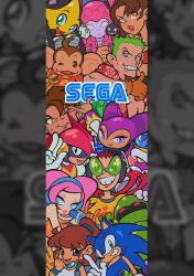 4girls 6+boys ahoge aiai_(super_monkey_ball) alien alien_(series) arle_nadja axel_(crazy_taxi) beat_(jsr) blaze_fielding carbuncle_(puyopuyo) chaos_emerald chaos_online character_request copyright_request crazy_taxi dark_chao feel_the_magic green_hair grin gunstar_heroes gunstar_red hero_chao highres holding holding_microphone jet_set_radio joints logo looking_at_viewer microphone mole mole_under_mouth multiple_boys multiple_girls nights_(character) nights_into_dreams one_eye_closed pajaronaa pulseman pulseman_(character) puyo_(puyopuyo) puyopuyo rabbit ristar ristar_the_shooting_star robot_joints sega slime_(substance) smile sonic_(series) sonic_the_hedgehog space_channel_5 sparkle streets_of_rage sunglasses super_monkey_ball sweatdrop toejam_&amp;_earl ulala vectorman xenomorph