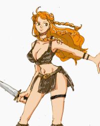 1girl arm_tattoo bracelet braid breasts cleavage closed_mouth collarbone gloves highres holding holding_sword holding_weapon jewelry large_breasts long_hair looking_to_the_side midriff nami_(one_piece) navel one_piece oooooogu24 orange_hair outstretched_arm revealing_clothes simple_background solo sword tattoo weapon white_background white_gloves