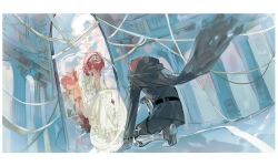 1boy 1girl absurdres black_cape cape closed_eyes different_reflection dress from_behind hair_between_eyes hairband highres long_sleeves mirror on_one_knee original own_hands_together praying qyzhiaiyisheng red_hair reflection ribbon short_hair squatting veil wedding_dress white_dress