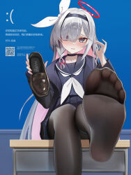1girl absurdres black_serafuku blue_archive blue_screen_of_death blush bm_(bm364364) desk feet grey_eyes hairband highres loafers long_hair looking_at_viewer pantyhose parted_lips plana_(blue_archive) school_desk school_uniform serafuku shoes single_shoe soles toes unworn_shoes white_hair