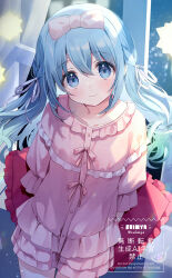 1girl arms_behind_back artist_name blue_eyes blue_hair bow character_request chinese_text collarbone english_text female_focus frills hair_bow hair_ribbon holding holding_pillow indoors long_hair looking_at_viewer pajamas pillow pink_bow pink_pajamas ribbon smile standing suimya tagme watermark window