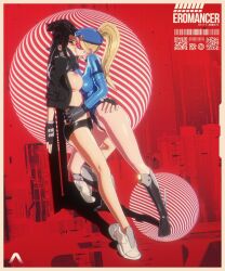 2girls artist_name black_gloves black_hair black_jacket black_shorts blonde_hair blush breasts eromancer femcop_(pure_onyx) fingerless_gloves forced_kiss gloves hand_on_another&#039;s_back hand_on_another&#039;s_hip highres jacket kiss large_breasts leather leather_jacket leotard long_hair micro_shorts multiple_girls nipples no_bra onyx_(pure_onyx) open_clothes open_jacket police police_uniform policewoman ponytail pure_onyx shorts yuri