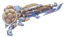 1other ambiguous_gender armor blastoise commentary crossover english_commentary full_armor full_body garrett_hanna gen_1_pokemon gun gunlance handgun highres holding holding_shield holding_weapon huge_weapon knee_pads mechanization metal_skin monster_hunter_(series) nintendo no_pupils pokemon pokemon_(creature) red_eyes revision revolver shield solo turtle_shell weapon weapon_focus white_background