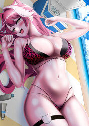 1girl absurdres akb_shota animal_ears animal_print bare_shoulders beach beach_towel bikini blue_sky blush breasts cloud cloudy_sky collarbone commentary_request cooler day extra_ears hair_intakes highres hololive hololive_english holonatsu_paradise ice ice_cube large_breasts leopard_print leopard_print_bikini long_hair lotion_bottle lying multicolored_hair navel o-ring o-ring_thigh_strap ocean on_back open_mouth outdoors panther_ears panther_girl pink_bikini pink_hair raora_panthera raora_panthera_(holonatsu_paradise) sand sky smile solo stomach streaked_hair swimsuit teeth thigh_strap thighs tongue towel upper_teeth_only virtual_youtuber yellow_eyes