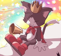 1boy 1other animal_ears boots cait_sith_(final_fantasy) cape cat_boy cat_ears cat_tail closed_eyes commentary_request crown final_fantasy final_fantasy_vii furry furry_male minashirazu mog on_head red_boots red_cape sitting smile star_(symbol) tail whiskers