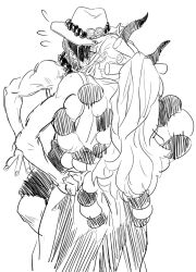 1boy 1girl assertive_female blush breasts femdom flying_sweatdrops freckles full-face_blush hat height_difference horns implied_kiss jewelry large_breasts long_hair monochrome necklace one_piece oni oni_horns portgas_d._ace rita_ya short_hair topless_male yamato_(one_piece)