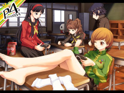 4girls amagi_yukiko atlus barefoot bike_shorts brand_name_imitation classroom desk feet food handheld_game_console indoors kujikawa_rise kuma_(persona_4) long_legs mara_(megami_tensei) misplaced_genitals multiple_girls one_eye_closed oogami_yuuki peeking_out penis_head persona persona_4 plantar_flexion playing_games playstation_portable pocky product_placement pun satonaka_chie school school_desk sega shirogane_naoto short_hair slice_of_life socks soles sony toes tomboy video_game wink