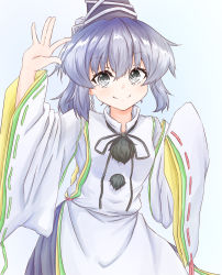 1girl female_focus grey_eyes hand_up hat hat_ribbon highres japanese_clothes kariginu long_hair long_sleeves looking_at_viewer mononobe_no_futo ponytail ribbon silver_hair smile solo tarumaru tate_eboshi touhou white_ribbon wide_sleeves