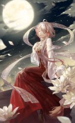 1girl ahoge architecture artist_request chinese_clothes closed_eyes cloud east_asian_architecture eyelashes floral_print flower full_body full_moon game_cg hagoromo hair_ornament hand_on_own_chest hanfu happy highres jewelry light_particles long_sleeves lotus moon multicolored_hair necklace night night_sky nikki_(series) official_art parted_lips petals red_hair red_hanfu shawl shining_nikki sight_of_the_moon_(shining_nikki) sitting sky smile solo streaked_hair town two-tone_hair vermillion_snow white_flower white_hair white_sleeves wind