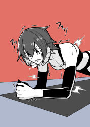 Rule 34 | 1girl, absurdres, arknights, bare shoulders, compression sleeve, exercising, greyscale, highres, monochrome, planking, plume (arknights), plume (easy time) (arknights), red background, short hair, solo, sports bra, sportswear, sweat, sweatdrop, trembling, yod4