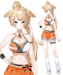 Rule 34 | 1girl, absurdres, animal ears, bare arms, bare shoulders, blonde hair, breasts, cleavage, closed mouth, crop top, dog ears, dog girl, dog tail, full body, green eyes, hairband, hand on own hip, hari (vrecord), haze (ohw8g), highres, kneehighs, large breasts, long hair, looking at viewer, loose socks, midriff, miniskirt, navel, orange shirt, orange skirt, pleated skirt, ponytail, shirt, shoes, simple background, skirt, sleeveless, sleeveless shirt, smile, socks, solo, standing, stomach, sweatband, tail, thigh strap, thighs, two-tone shirt, virtual youtuber, vrecord, white background, white shoes, white socks, wing collar