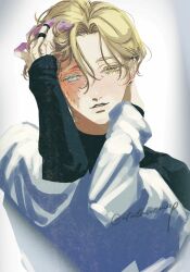 1boy alien_stage black_shirt blonde_hair blue_eyes colored_extremities colored_eyelashes commentary english_commentary hand_in_own_hair jacket jewelry long_sleeves luka_(alien_stage) male_focus off_shoulder ring scar scar_across_eye scar_on_face shirt short_hair signature upper_body utatanenap white_jacket yellow_eyes