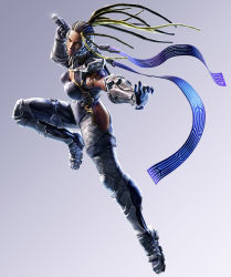 1girl 3d armor black_hair breasts brown_eyes cleavage dark-skinned_female dark_skin dreadlocks female_focus full_body gauntlets greaves grey_background highres hip_vent lips lipstick long_hair looking_at_viewer makeup master_raven medium_breasts namco ninja official_art purple_lips realistic short_sword solo sword tattoo tekken tekken_7 very_dark_skin weapon
