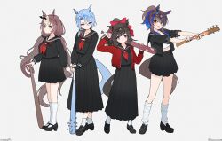4girls absurdres animal_ears baseball_bat black_sailor_collar black_serafuku black_shirt black_shoes black_skirt blue_hair blue_nails blush bow brown_eyes brown_hair closed_mouth daiichi_ruby_(umamusume) daitaku_helios_(umamusume) dated earrings fang fingerless_gloves fingernails full_body gloves hair_bow highres horse_ears horse_girl horse_tail jewelry k.s.miracle_(umamusume) long_hair long_skirt midriff multicolored_hair multiple_girls nail_(hardware) nail_bat neckerchief open_mouth purple_eyes red_bow red_neckerchief sailor_collar saramiao-chan school_uniform serafuku shirt shoes short_hair skirt socks standing streaked_hair tail twitter_username umamusume white_socks yamanin_zephyr_(umamusume)