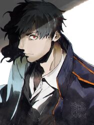 Rule 34 | 1boy, bags under eyes, black coat, closed mouth, coat, collared shirt, different shadow, fate (series), hagiography, highres, male focus, orange eyes, portrait, saitou hajime (fate), shirt, short hair, sidelighting, solo, translation request, wide-eyed