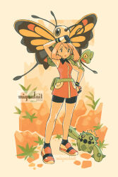 1girl bandana beautifly bike_shorts blue_eyes breasts brown_hair cacnea fanny_pack gen_3_pokemon gloves green_bag green_bandana highres may_(pokemon) miyaulait nintendo open_mouth pokemon pokemon_(creature) pokemon_emerald pokemon_rse shirt shorts sleeveless treecko