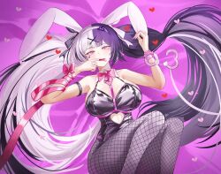 1girl absurdres alternate_costume alternate_hair_length alternate_hairstyle animal_ears bare_shoulders black_hair black_leotard black_nails blush bow bowtie breasts choker cleavage clothing_cutout covered_navel cuffs detached_collar fake_animal_ears fake_tail fishnet_pantyhose fishnets grey_hair ha_uiyeon hair_ornament handcuffs heart_cutout highleg highleg_leotard highres hololive hololive_english large_breasts legs_up leotard long_hair looking_at_viewer multicolored_hair pantyhose pink_ribbon playboy_bunny rabbit_ears rabbit_hole_(vocaloid) ribbon shiori_novella smile solo split-color_hair tail thick_thighs thighs traditional_bowtie two-tone_hair very_long_hair virtual_youtuber vocaloid wrist_cuffs yellow_eyes