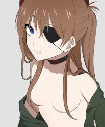 1girl absurdres blue_eyes breasts brown_hair cleavage closed_mouth convenient_censoring evangelion:_3.0+1.0_thrice_upon_a_time expressionless eyepatch green_jacket grey_background hair_censor highres hotaboshi_yazuki interface_headset_(evangelion) jacket long_hair looking_at_viewer neon_genesis_evangelion no_bra open_clothes rebuild_of_evangelion simple_background small_breasts solo souryuu_asuka_langley topless_female upper_body yaduki100