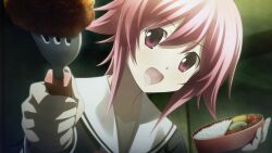 1girl bento black_dress blush bow breasts chaos;child chaos;child_love_chu_chu!! cherry_tomato chest_bow collarbone colored_eyelashes dress feeding food fork game_cg hair_between_eyes head_tilt hekiho_academy hekiho_academy_school_uniform highres holding holding_bento holding_fork incoming_food indoors long_sleeves looking_at_viewer lunchbox non-web_source official_art omelet onoe_serika open_mouth pink_eyes pink_hair rice sailor_collar sasaki_mutsumi school_uniform short_hair short_hair_with_long_locks sidelocks smile solo tamagoyaki teeth tempura tomato upper_teeth_only white_sailor_collar