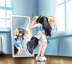 1girl :d animal_ears bare_shoulders black_hair blue_archive blush cheerleader commentary dancing dog_ears dog_girl dog_tail full-length_mirror halo hibiki_(blue_archive) hibiki_(cheer_squad)_(blue_archive) indoors long_hair millennium_cheerleader_outfit_(blue_archive) mirror navel niwakafun_e official_alternate_costume open_mouth pom_pom_(cheerleading) ran_ran_ru reflection skirt smile solo tail