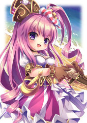 Rule 34 | 1girl, beach, bow, breasts, brown gloves, captain kid lore, corset, dress, drill hair, emil chronicle online, frilled dress, frills, gloves, gun, hair bow, hair ornament, hat, highres, holding, holding gun, holding weapon, large breasts, long hair, ocean, open mouth, pink hair, pink ribbon, pirate hat, purple eyes, ribbon, side ponytail, striped clothes, striped dress, striped ribbon, sword, weapon, yupi828