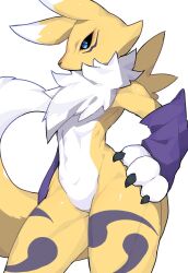 1other animal_ears black_sclera blue_eyes body_fur claws colored_sclera detached_sleeves digimon digimon_(creature) fox_ears fox_girl fox_tail furry furry_female hand_on_own_hip highres kokodari purple_sleeves renamon simple_background standing tail thighs white_background