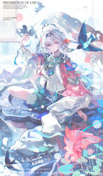 1boy absurdres bird braid flower full_body hair_flower hair_ornament highres long_sleeves looking_at_viewer original purple_eyes shirt shorts sitting solo white_hair white_shirt www_shigure