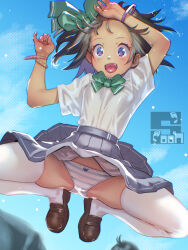 1girl :d black_hair blue_eyes blue_panties blue_skirt blue_sky bow bow_panties bracelet green_bow hair_bow jewelry jumping loafers midair open_mouth original panties pleated_skirt school_uniform shirt shoes short_hair short_sleeves skirt sky smile solo soon_(c-u-soon) striped_clothes striped_panties thighhighs underwear white_panties white_shirt white_thighhighs