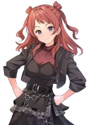 1girl b1ack_illust belt belted_skirt black_belt black_corset black_jacket black_pearl black_skirt blue_eyes blush breasts brown_hair chain clenched_hands commentary corset cowboy_shot double_bun eyelashes gakuen_idolmaster hair_bun hanami_saki hands_on_own_hips highres idolmaster jacket jewelry layered_skirt long_hair long_sleeves looking_at_viewer medium_breasts necklace pearl_necklace red_shirt shirt sidelocks skirt smile solo twintails white_background