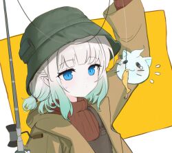 1girl aqua_hair blue_eyes brown_jacket brown_overalls brown_sweater dredge_(video_game) fishing_rod flying_sweatdrops green_hat hat indie_virtual_youtuber jacket long_sleeves marvinalpen47 medium_hair mint_fantome overalls pointy_ears shirt solo sweatdrop sweater two-tone_background upper_body virtual_youtuber white_background white_hair white_shirt wisps_(mint_fantome) yellow_background