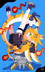 1girl absurdres animal_ear_fluff animal_ears black_boots black_bow black_shorts boots bow claw_pose commentary_request fang green_eyes highres hu_wei_(zenless_zone_zero) jacket ju_fufu long_hair looking_at_viewer multicolored_hair noniha open_mouth orange_hair shorts simple_background tail tail_bow tail_ornament thigh_strap tiger_ears tiger_girl tiger_tail white_hair zenless_zone_zero