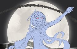 1girl absurdres alien_stage arm_up chinese_commentary commentary elysia_(honkai_impact) elysia_(miss_pink_elf)_(honkai_impact) full_moon gloves herrscher_of_corruption highres honkai_(series) honkai_impact_3rd long_hair moon outstretched_arms parody pointy_ears red_eyes sketch smile solo spine unfinished very_long_hair woshishenhexiaojiedegou